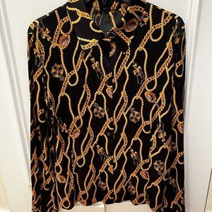 Silk Stretch & Button Blouse Braided Gold & Jewel Print